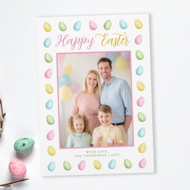 Cartão Pastel Watercolor Easter Eggs With Family Photo (Criador carregado)