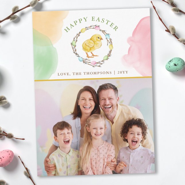 Cartão Pastel Watercolor Wreath And Chick Easter Photo (Criador carregado)