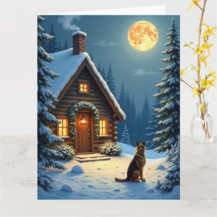 Cartão Pastor Alemão Cabana Floresta Nevada Natal Pintura