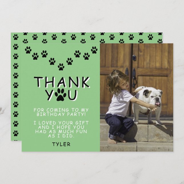 Cartão Pata Gira Imprime Aniversário Verde Obrigado Foto (Frente/Verso)