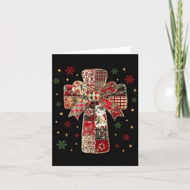 Cartão Patchwork Cross Christian Christmas Coquette Bow  (Frente)