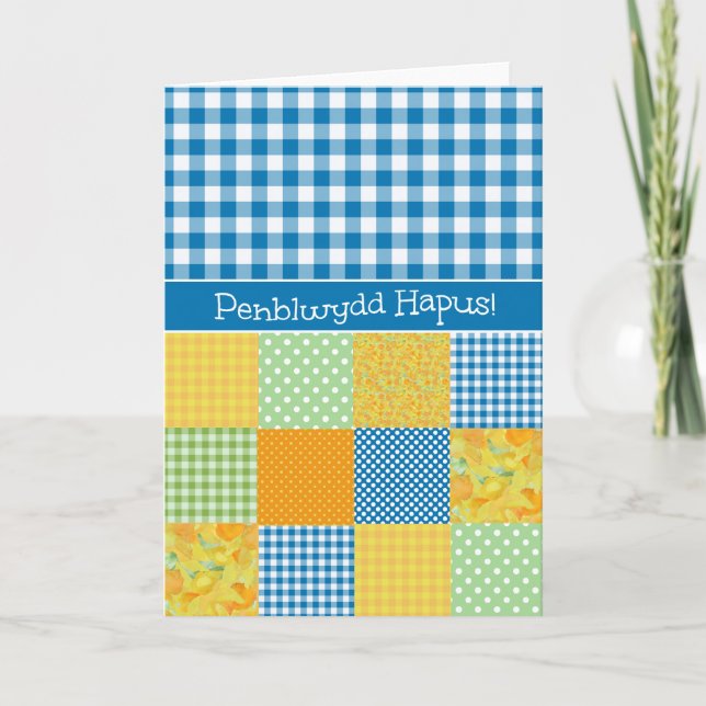 Cartão Patchwork e Gingham Birthday Card Welsh Saudação (Frente)