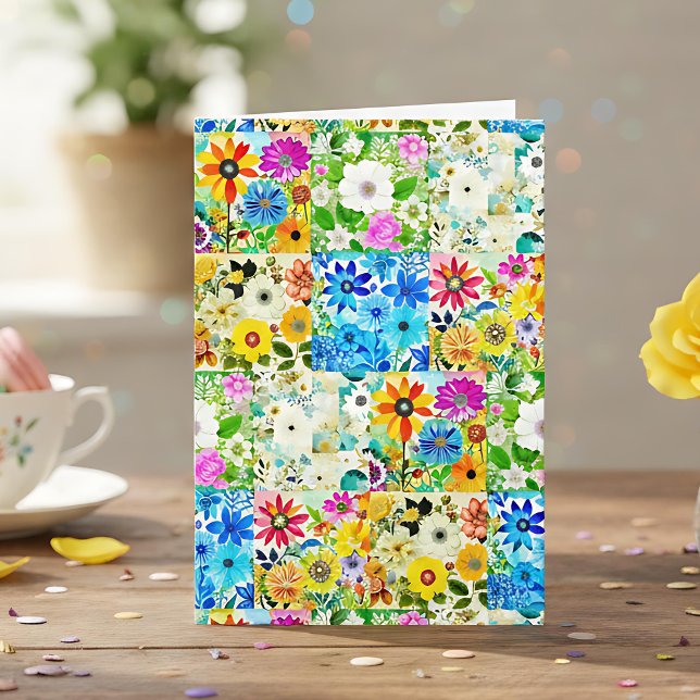 Cartão Patchwork Floral de Aquarela Personalizada Anivers (Criador carregado)