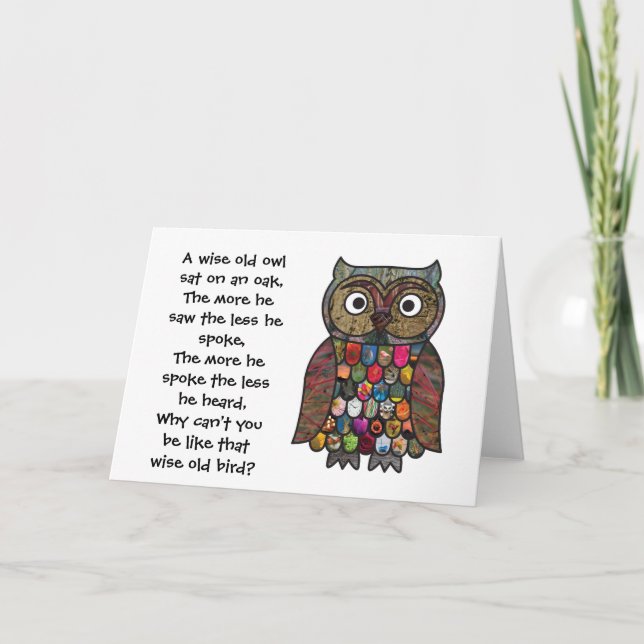 Cartão Patchwork Owl com cotação / poema (Frente)