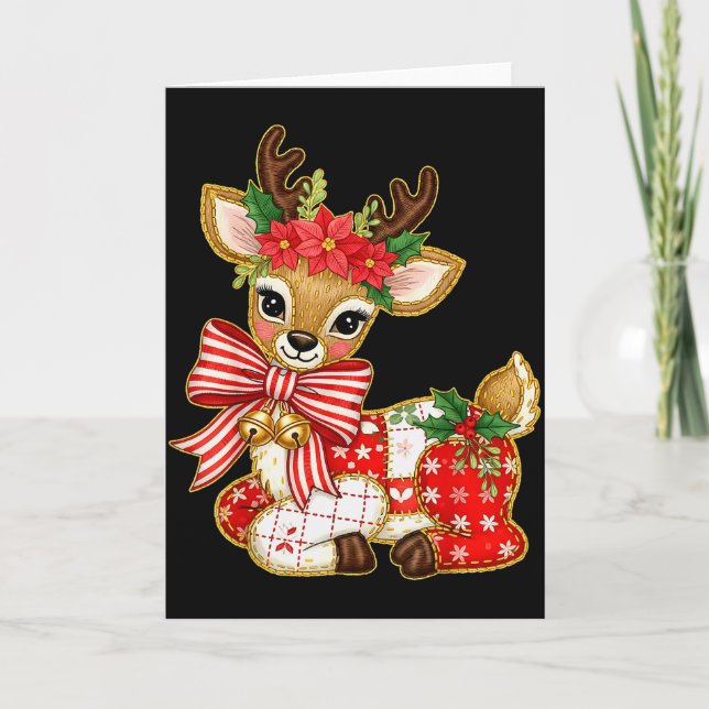 Cartão Patchwork Reindeer Preppy Girly Christmas Xmas Hol (Frente)