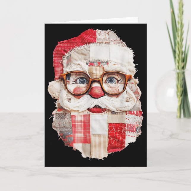 Cartão Patchwork Santa Claus Face Preppy Girly Christmas  (Frente)