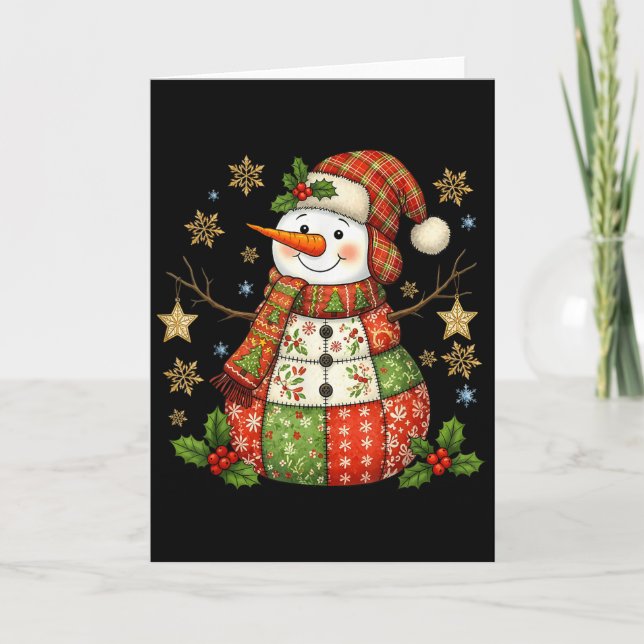 Cartão Patchwork Snowman Preppy Girly Christmas Xmas Holi (Frente)