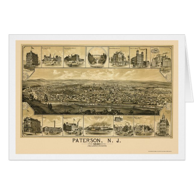 Cartão Paterson, mapa panorâmico de NJ - 1880 (Frente Horizontal)