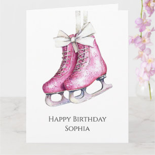 Cartão Patins de Gelo Rosa Bonito de Aniversário