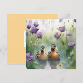 Cartão Pato Adorável em Aquarela com Flores Silvestres em