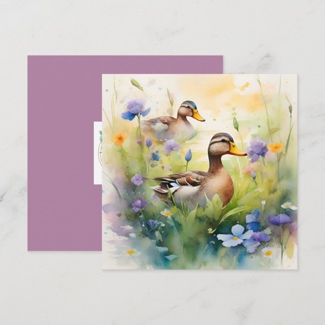 Cartão Pato adorável em aquarela e flores silvestres em b (Frente/Verso)