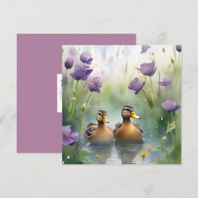 Cartão Pato adorável em aquarela e flores silvestres em b (Frente/Verso)