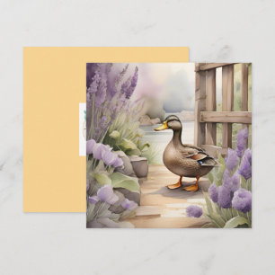 Cartão Pato Adorável em Aquarela e Manto de Lavanda em Br