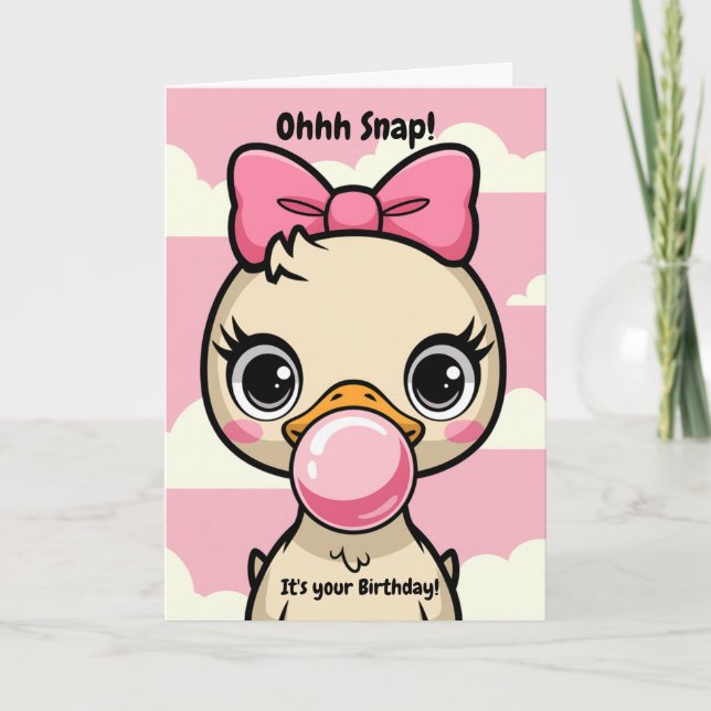 Cartão Pato aniversário de criança com Arco rosa soprando (Frente)