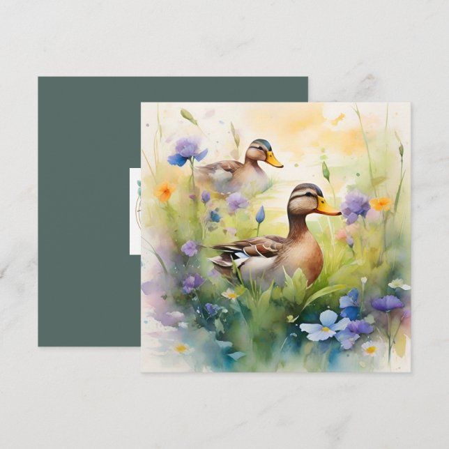 Cartão Pato Charmoso em Aquarela com Flores Silvestres em (Frente/Verso)