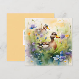Cartão Pato Cute Watercolor e Flores Silvestres em Branco