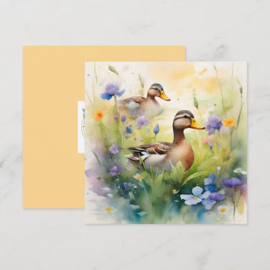 Cartão Pato Cute Watercolor e Flores Silvestres em Branco