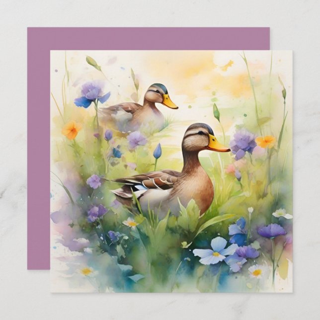 Cartão Pato de Aquarela Fofa e Flores Silvestres em Branc (Frente/Verso)