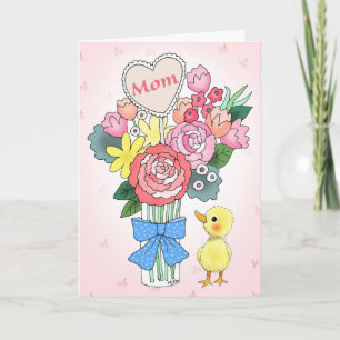 Cartão Pato de Bebê Fofo com Flores Bonitas Dia das Mães