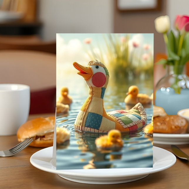 Cartão Pato de Brinquedo Adorável Novo Dia de as mães da  (Heartwarming Mother's Day card featuring a plushie mama duck paddling joyfully among real ducklings.)