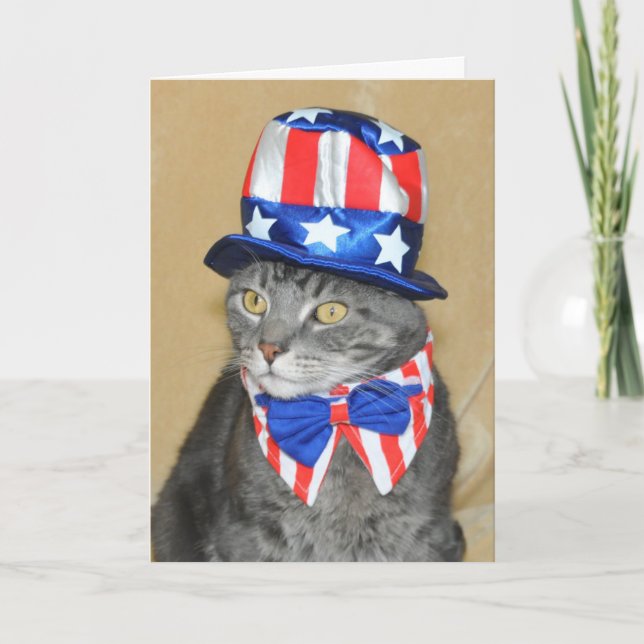 Cartão Patriotic 4th of July Gray Tabby Cat card (Frente)