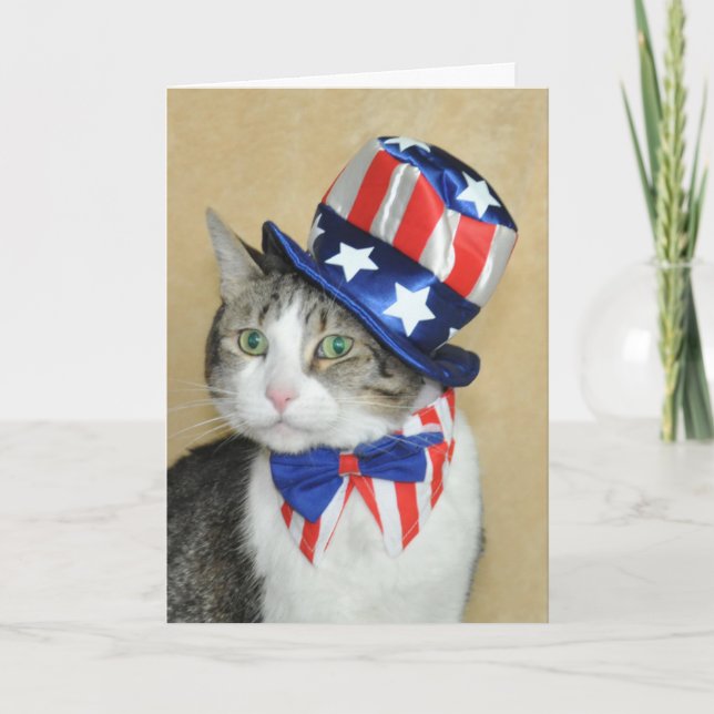 Cartão Patriotic 4th of July tabby and white cat card (Frente)