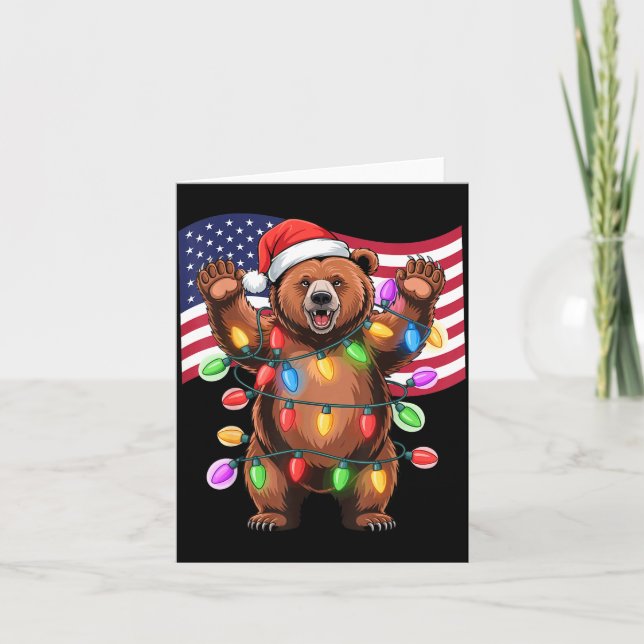 Cartão Patriotic Christmas Grizzly Bear Holiday Light San (Frente)