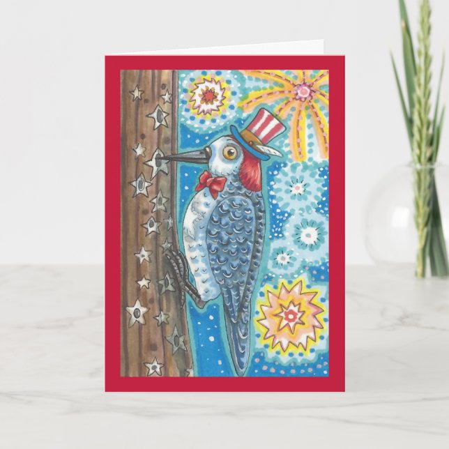 Cartão PATRIOTIC WOODPECKER FIREWORKS GREETING CARD Verse (Frente)
