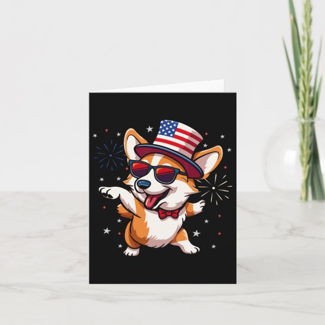 Cartão Patriótico Americano Corgi Dançando Bandeira Ameri (Frente)