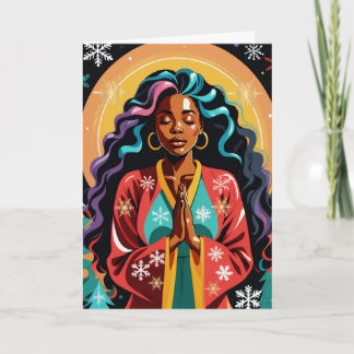 Cartão Paz, Amor e Alegria Mulher Negra de Natal a Rezar