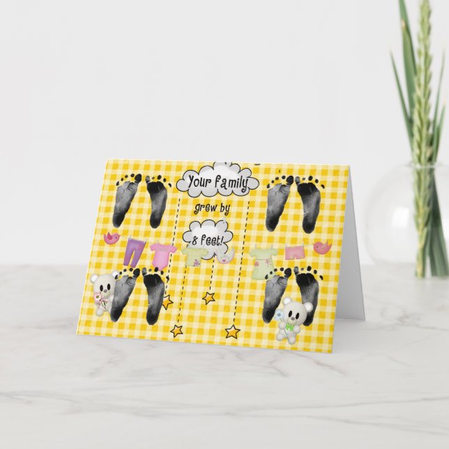 Cartão Pé de Bebê Quádruplo em Gingham (Frente)