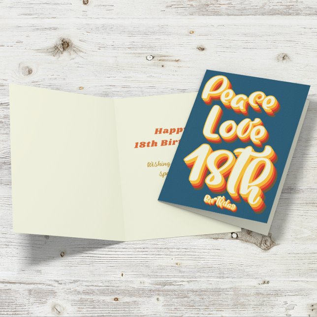 Cartão Peace Love Blue Retro Groovy 18º aniversário feliz (Criador carregado)