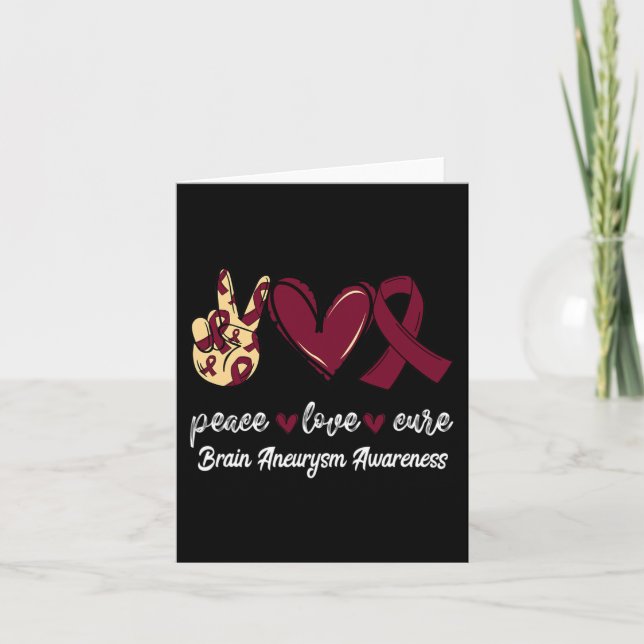Cartão Peace Love Cure Brain Aneurysm Burgundy Ribbon Awa (Frente)