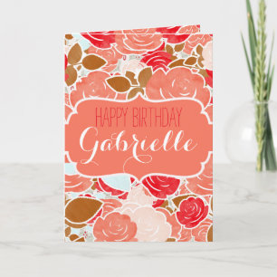 Cartão Peach & Dourada Watercolor Floral Girl Happy Birda