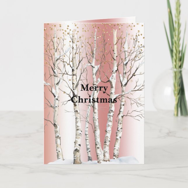 Cartão Peach Rose Birch Trees Gold Glitter Christmas (Frente)