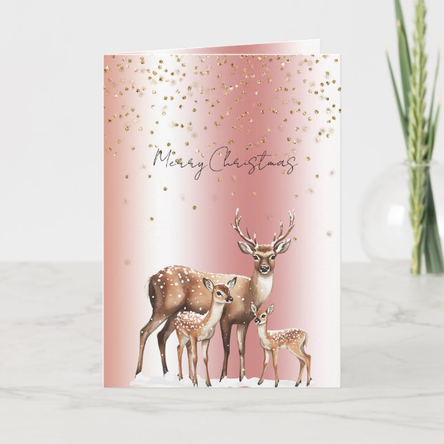 Cartão Peach Rose Deer Gold Glitter Christmas (Frente)