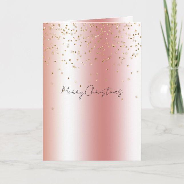 Cartão Peach Rose Ombre Gold Bokeh Glitter Christmas (Frente)