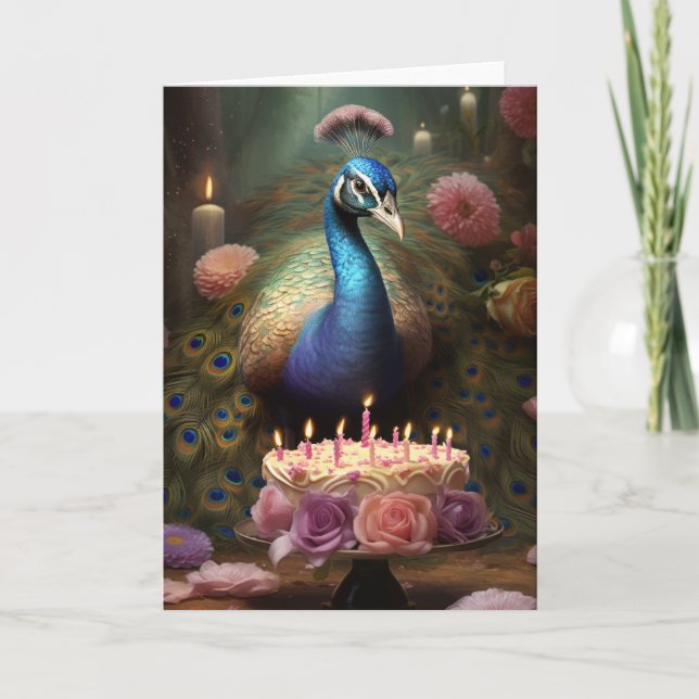 Cartão Peacock com Bolo de Aniversário (Frente)