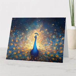 Cartão Peacock cósmico com penas estéreis