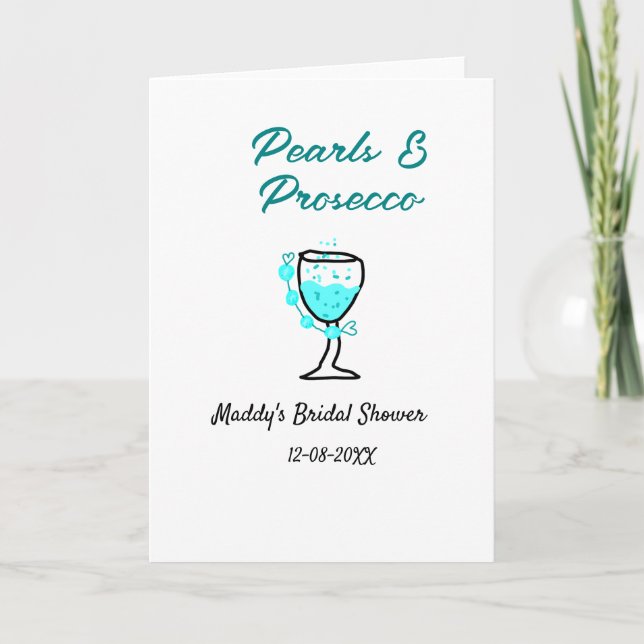 Cartão Pearls and prosecco bridal shower blue black name  (Frente)