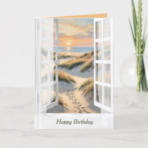 Cartão Pegadas De Aniversário Na Janela De Areia De Praia
