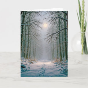 Cartão Pegadas de Natal ao Luar numa Floresta Nevada