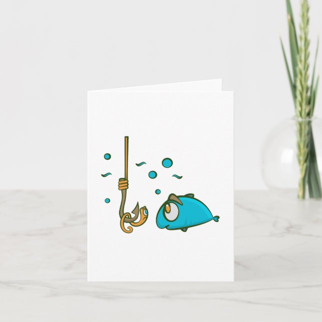 Cartão Peixe Engraçado e Minhoca no Gancho Humor de Pesca (Frente)