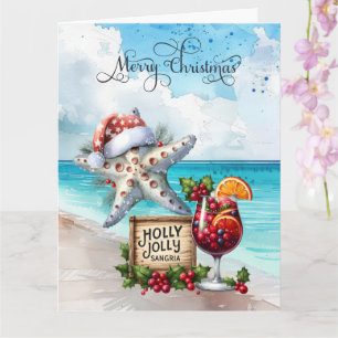 Cartão Peixe Estrela usa Chapéu de Papai Noel com Bebida