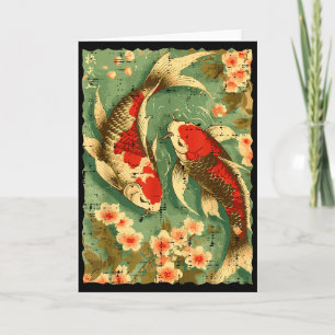 Cartão Peixes Koi Japoneses Flores de Cerejeira Sakura Ar