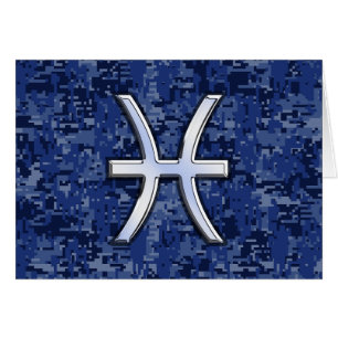 Cartão Peixes Símbolo Zodiac no Camo Digital Azul Marinh
