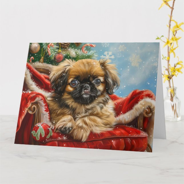 Cartão Pekingese Cachorro Natal Festivo (Flor Amarela)