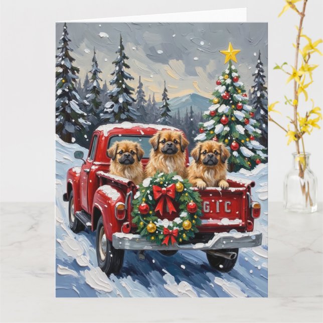 Cartão Pekingese Christmas Red Truck Holiday (Flor Amarela)