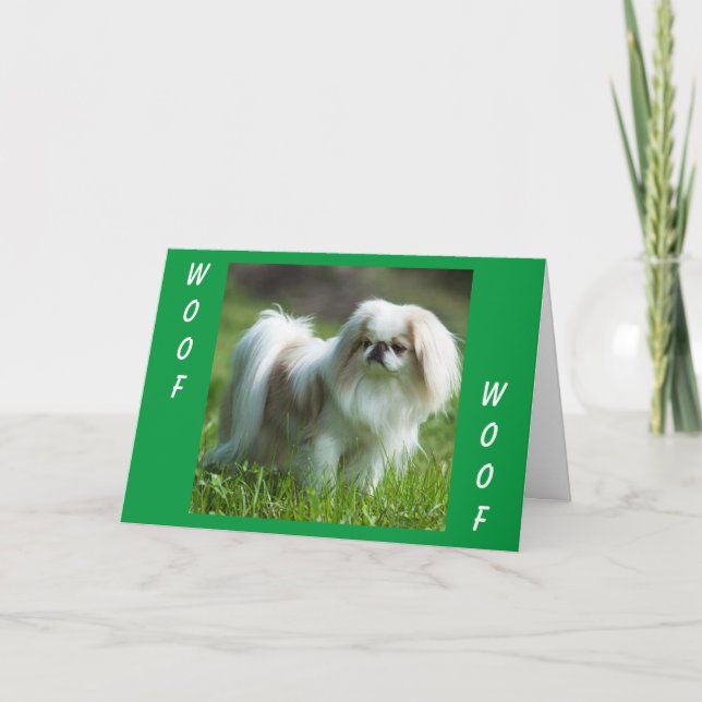 Cartão Pekingese diz WOOF WOOF (feliz aniversário) (Frente)