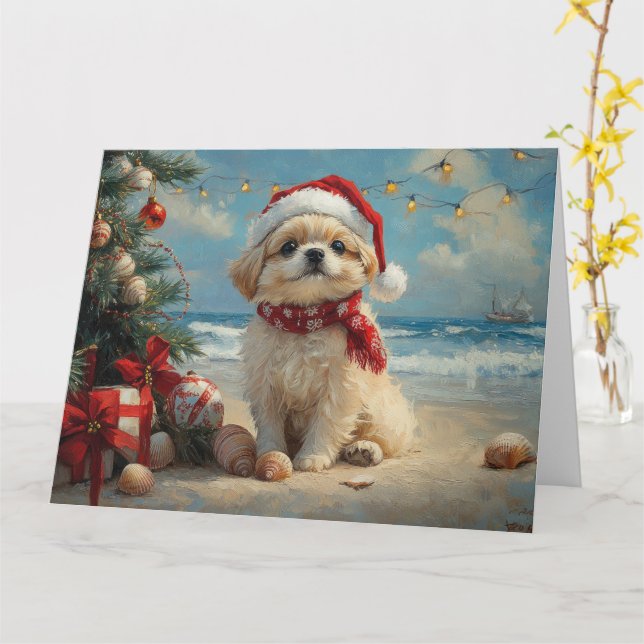 Cartão Pekingese Dog Christmas Vintage Beach (Flor Amarela)